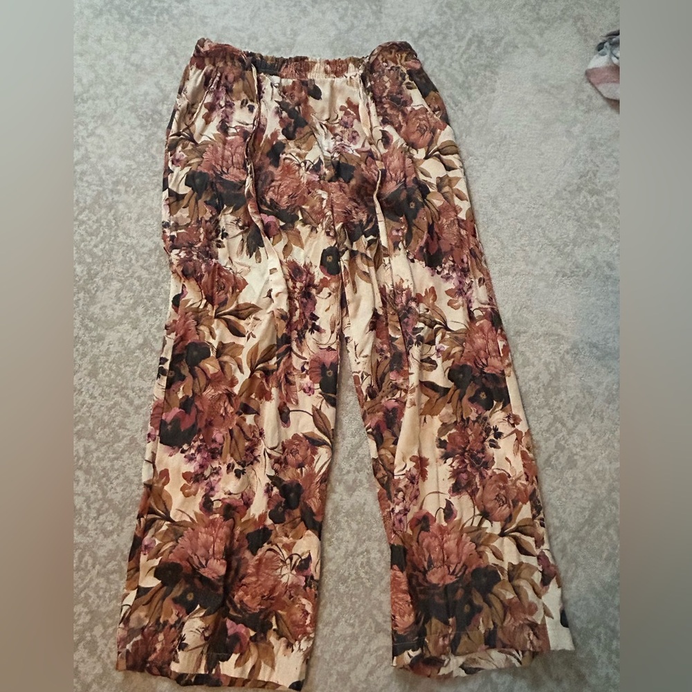 LuLaRoe Wide Leg Pants Cream with Brown and Pink Floral Print